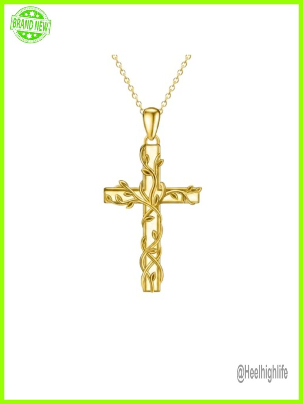 14K Gold Plated Cross Necklace Vines Christian Pendant Women
